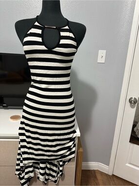 G by Guess Black and White Striped Halter High-Low Dress